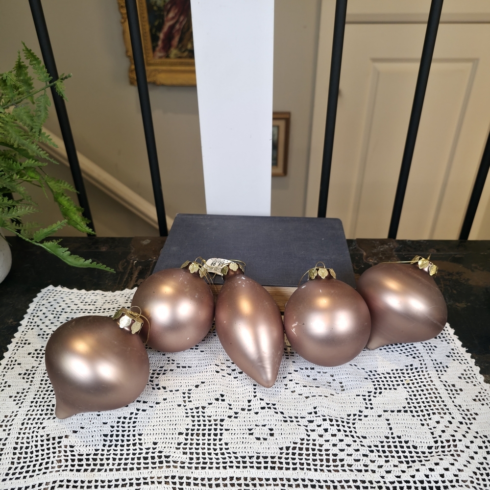 Lot of 5 Large Rose Gold Matte Glass Ornaments Ball Finial Onion Shape Terra